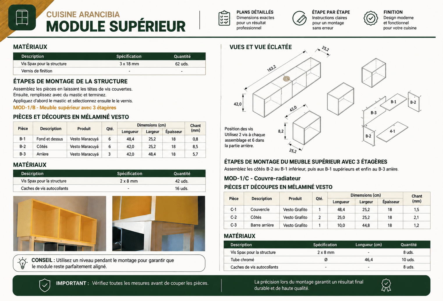 Pièces et mesures pour le plan de découpe